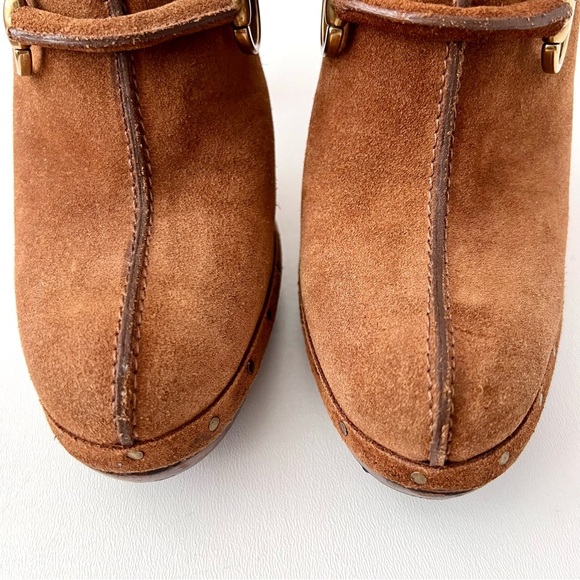 GUCCI | Brown Suede Horsebit Nailhead High Heel Wood Mule Clogs Platform US 8.5 - Picture 3 of 16